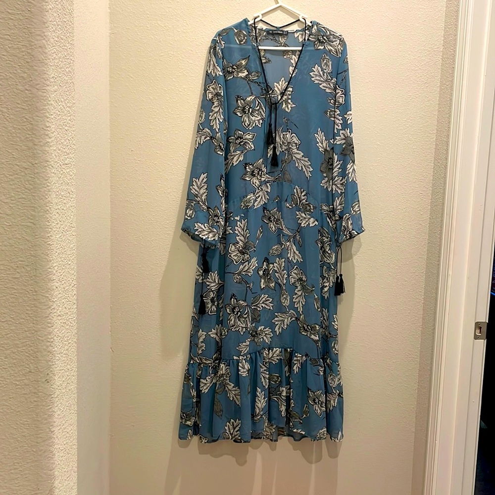 Lucky Leaves women’s green & black printed long sleeved boho style M maxi dress.